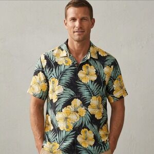Tommy Bahama Shirt Mens Large Yellow Floral Hawaiian Silk Button Up Tropical
